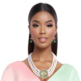 AKA White Pearl 3-Strand Pink Circle Pendant Necklace & Earring Set