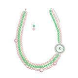 AKA Pink & Green Pearl Long Rhinestone Brooch Necklace & Earring Set