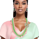 AKA Pink & Green Pearl Long Rhinestone Brooch Necklace & Earring Set