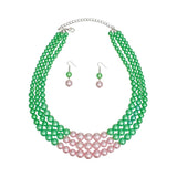 AKA Green Pearl 3-Strand Necklace & Earring Set with Pink Center