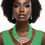 AKA Green Pearl 3-Strand Necklace & Earring Set with Pink Center