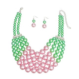 AKA Chunky Pink & Green Pearl 2-Row Bib Necklace & Earring Set
