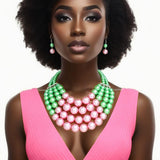 AKA Chunky Pink & Green Pearl 2-Row Bib Necklace & Earring Set
