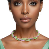 AKA Pink & Green Rhinestone Twisted Tube Necklace & Earring Set
