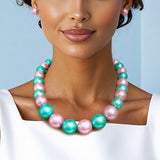 AKA Pink & Green Chunky Pearl Single Strand Necklace & Earring Set