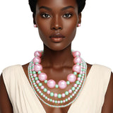 AKA Pink & Green Jumbo Pearl 4-Strand Layered Necklace & Earring Set