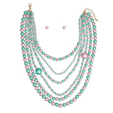 AKA Pink & Green Pearl Long 6-Strand Layered Necklace & Earring Set