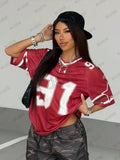 Summer New Black Speed 91 Print T-Shirt For Women V-Neck Patchwork Short Sleeve Sports Football Jersey Y2K Loose Oversized Tops