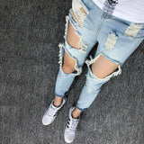 Summer Big Ripped Oversized Jeans Men's Cropped Jeans Men's Trendy K-style Beggar Scrape Cropped Ripped Pants