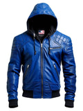 Men's Blue Hooded Leather Jacket