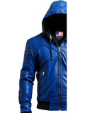 Men's Blue Hooded Leather Jacket