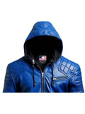 Men's Blue Hooded Leather Jacket