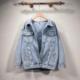 New Sizzling Women's Denim Jacket Fashionable Streetwear Letter Stylish Chic Printed Ripped Holes Jean Patchwork Jeans Female Coat