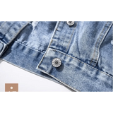 New Sizzling Women's Denim Jacket Fashionable Streetwear Letter Stylish Chic Printed Ripped Holes Jean Patchwork Jeans Female Coat