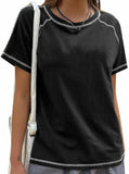 Remidoo Women's Raglan Crewneck Color Block T-Shirt Black Size XL