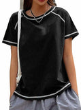 Remidoo Women's Raglan Crewneck Color Block T-Shirt Black Size XL