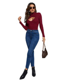 Women's Long Sleeve Turtleneck Cut Out Front Ribbed Knit Tee Shirt Burgundy S