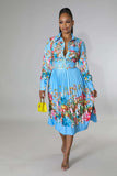 Pleated Print Long Sleeve Mid-Calf Lapel Standard-Waist Pullover Dress