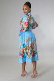 Pleated Print Long Sleeve Mid-Calf Lapel Standard-Waist Pullover Dress