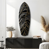 Surfboard Shaped Leaf Vein Golden Waves Glass Wall Art