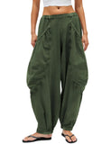 Tomosc Harem Pants for Women Casual Loose Palazzo Elastic Waisted Cotton Linen Wide Leg Pants with Pockets (10W-ArmyGreen-L) - # GIAA23410016
